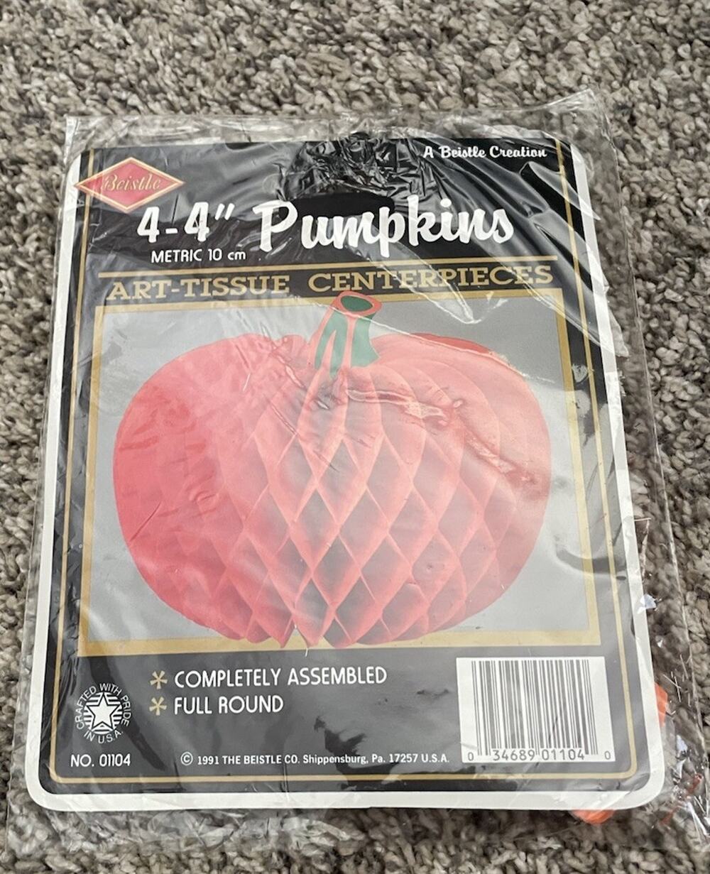 Vtg Beistle Honeycomb Halloween Pumpkins 4” Tissue Set of 4 1991 NOS USA